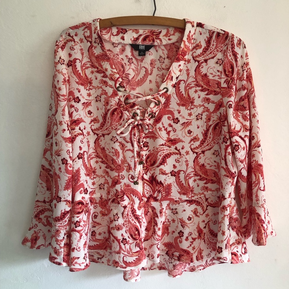 FRYE Cream and Red Paisley Lace-Up V-Neck Blouse